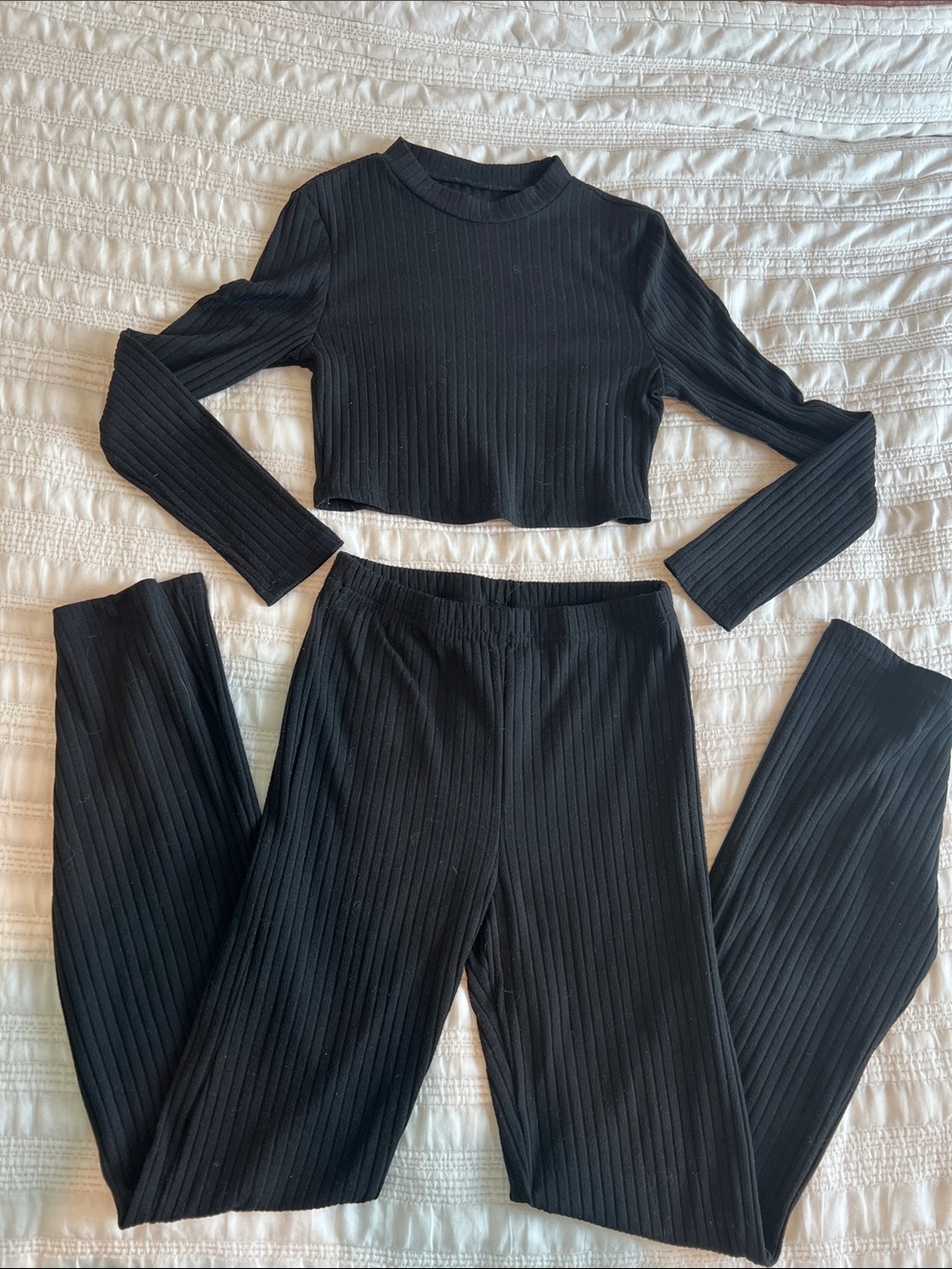 SHEIN Black Ribbed Crop Top & High-Waist Leggings Set